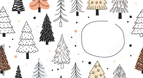 A festive hand-drawn Christmas background with various stylized doodle trees and a central blank space perfect for holiday text.