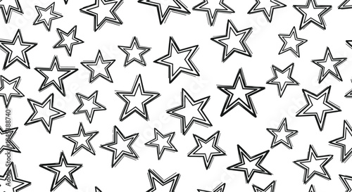 A chaotic seamless pattern of hand-drawn black outline stars of various sizes, creating a simple and energetic background design.