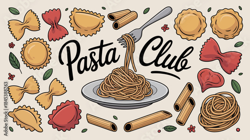 Colorful Pasta Club Illustration with Various Shapes and Text