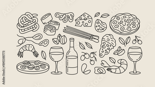 Food and drink icons, including pizza, sushi, wine, and cheese, for culinary and restaurant concepts.