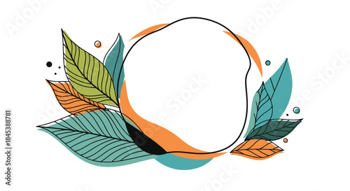 A stylish and modern abstract frame design with colorful leaves and shapes surrounding a central blank circular copy space.