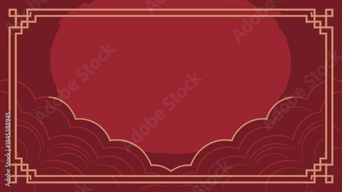 Elegant Red Background with Gold Chinese-Inspired Border and Clouds