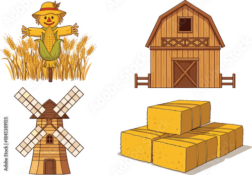 Cartoon farm element set featuring scarecrow, barn, windmill, and hay bales for agriculture, rural, and educational design use.