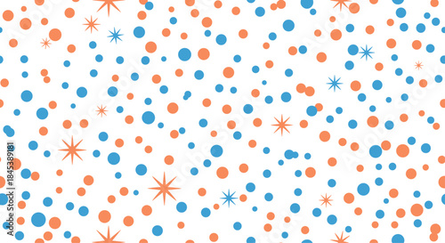 Festive seamless confetti pattern with scattered blue and orange dots and stars, perfect for celebration backgrounds and party decor.