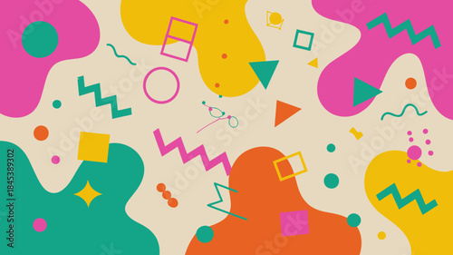 Colorful abstract background with geometric shapes and squiggles