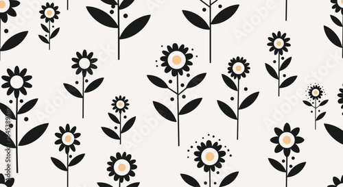Simple and elegant seamless botanical pattern featuring stylized black flowers with yellow centers on a light neutral background.