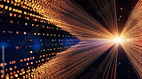 An abstract digital background featuring blue data streams converging toward a bright orange light, symbolizing connectivity, technology, and future innovation.