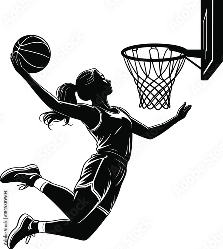Female Basketball Player Dunking Silhouette Vector Illustration. Women’s Basketball Dunk Action Black and White Silhouette.