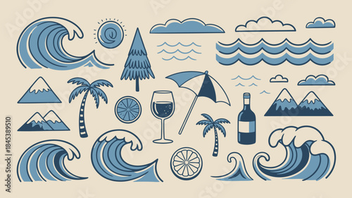 Beach and mountain icons in blue tones, summer vacation symbols and objects.