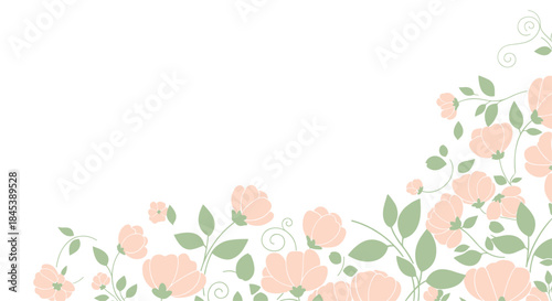 Delicate floral corner design with soft pastel pink flowers and sage green leaves and vines, isolated on a clean white background.