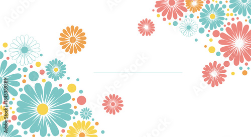 Bright and cheerful floral background with colorful retro daisies and dots arranged in two corners, with ample copy space in the center.