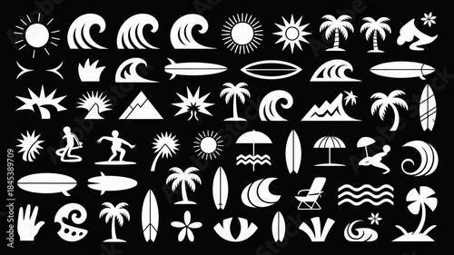 White Beach and Surf Icons on Black Background, Summer Symbols Collection