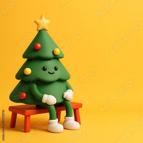 Cute 3D Christmas Tree Character on Yellow Background
