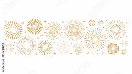 Golden fireworks explosion on white background, festive and celebratory design element