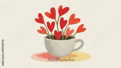 Heart shaped flowers in a cup on a beige background with love blossoms here text