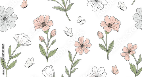 Delicate and romantic seamless pattern with beautiful hand-drawn pink and white flowers, green stems, and fluttering butterflies.