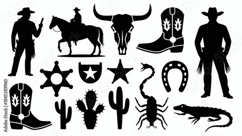 Western Cowboy Silhouette Icons Set, Black and White Vector Graphics