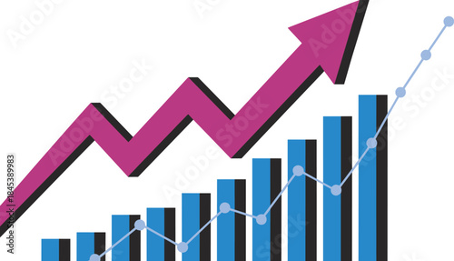 Business Growth Chart with Rising Arrow and Bars. Financial Success Graph Upward Trend Illustration.