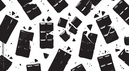 Scattered Chocolate Bar Fragments Silhouette – Black Line Vector Illustration of Broken Cocoa Pieces in Dynamic Layout