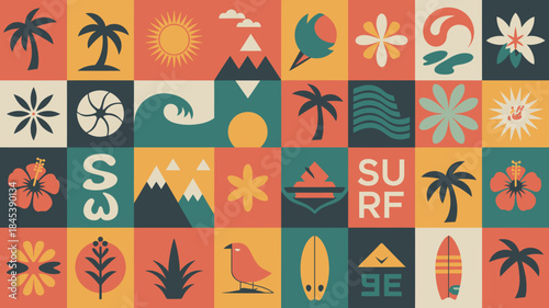 Vintage Surfing Icons and Symbols in a Colorful Grid Pattern