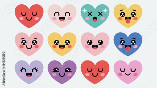 Colorful heart emojis with various cute expressions arranged in a grid on white background for love and emotions concept