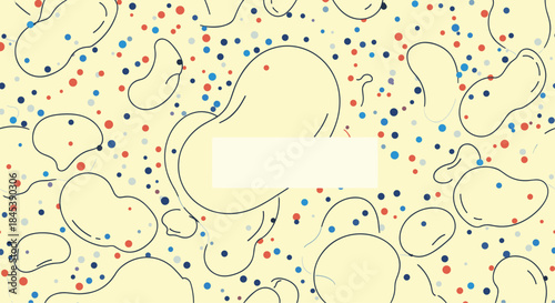 Abstract background design with hand-drawn organic shapes and colorful polka dots, featuring a central blank label for custom text.