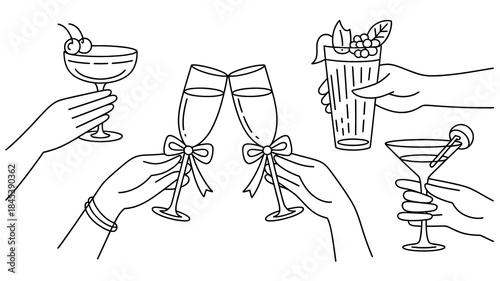 Hands holding and toasting various cocktail glasses with garnishes