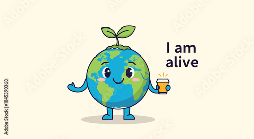 Cute cartoon Earth character with a sprout, holding a coffee cup with the text "I am alive" to promote environmental awareness.