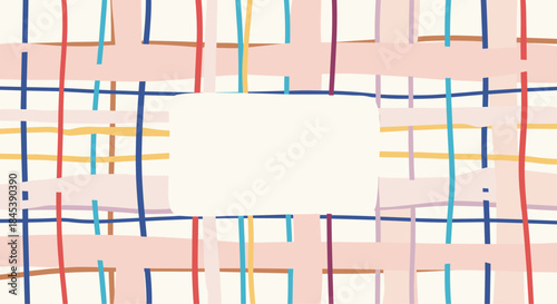Abstract background with a colorful, hand-drawn plaid pattern of intersecting lines, featuring a central blank space for text.