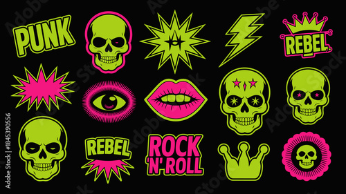 Punk Rock Stickers with Skulls, Lips, and Symbols on Black Background