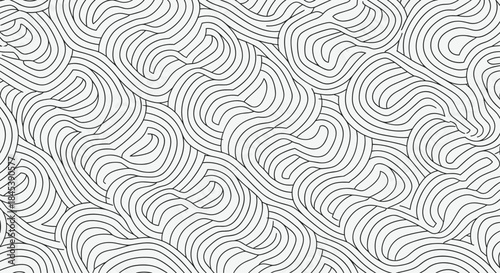 Complex seamless pattern of abstract, intertwined, continuous black lines creating a confusing and mesmerizing maze-like texture.
