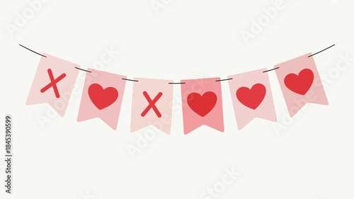 Valentine's day celebration with pink and red heart flags on a string, festive love bunting decoration with x and o symbols