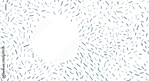 A minimalist abstract background with a confetti-like pattern of short gray dashes and a central blank circle for text.