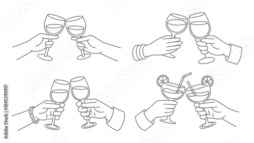 Hands holding wine and cocktail glasses in various toasting poses, line art illustrations