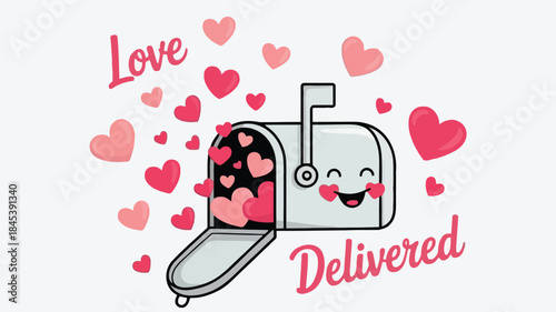 Flat illustration of smiling mailbox with hearts and love delivered text