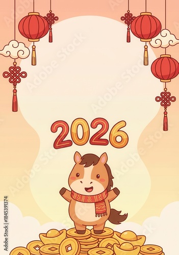 Cute Cartoon Horse Celebrating Chinese New Year 2026 with Lanterns and Gold Ingots.