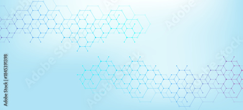 Health care or medical abstract background with hexagons, lines and dots. Scientific innovation banner template concept. Biology and pharmaceutical technology background. Vector illustration.