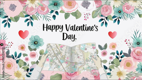 Lovers holding map while exploring with happy valentine's day floral background and hearts
