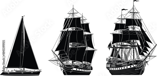 Black Silhouette of Historical Galleon Ships, Tall Sailing Vessels and Modern Yacht, Nautical Ocean Transportation Vector Art