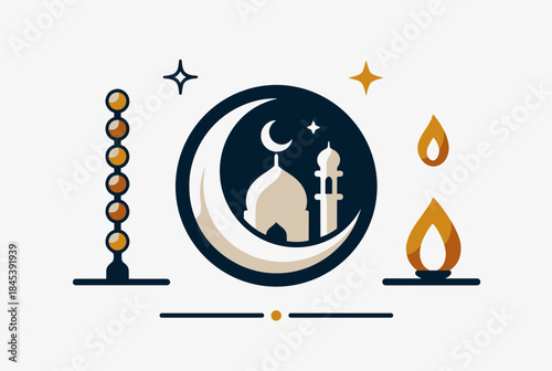 Islamic religious symbols illustration with mosque, crescent moon, prayer beads, and oil lamps, representing Ramadan and Eid celebrations.