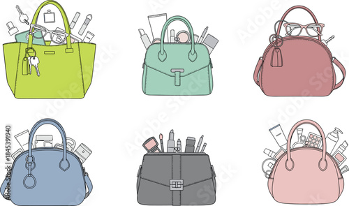 Cartoon-style handbags filled with makeup, skincare, accessories, and personal items in colorful fashion and lifestyle illustration set