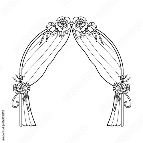 Hand drawn wedding arch with roses and drapes outline. Detailed ceremony floral arbor sketch