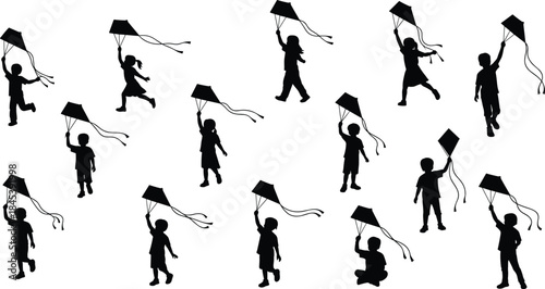 Black silhouettes of children playing and running with kites in different poses, symbolizing freedom, childhood, and outdoor fun activities.