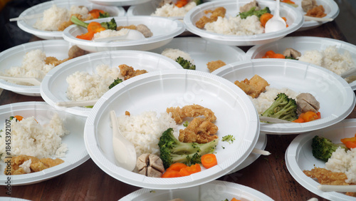 The food was served on many plastic plates. The menu included rice, broccoli, carrots, crispy mushrooms, and meatball