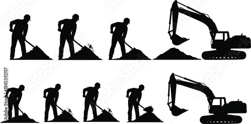Construction workers digging dirt with shovels and heavy excavator machine silhouette vector set, civil engineering industrial equipment for building site