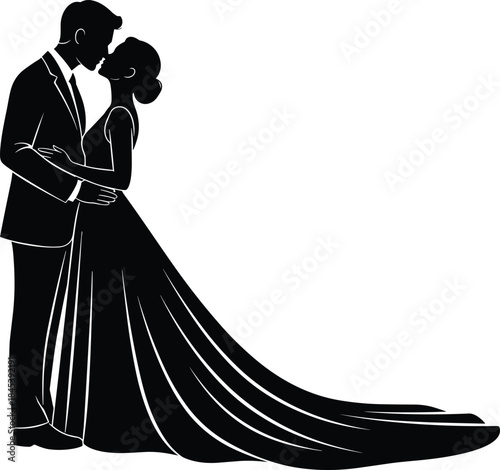 Elegant black silhouette of kissing wedding couple, bride in a long flowing gown and groom in a suit, romantic vector illustration, isolated on white.