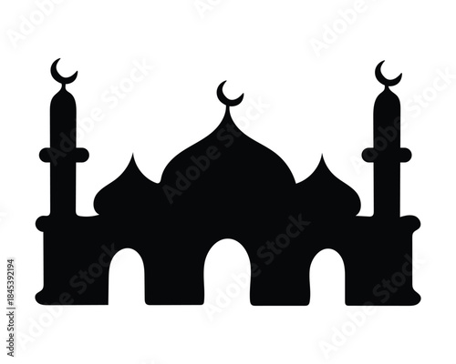 Islamic Mosque Silhouette: A stark black silhouette of a mosque, showcasing its distinctive domes, minarets, and crescent moon symbols against a plain background.