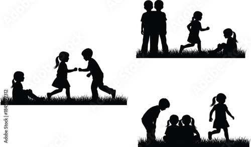 Multiple silhouette vector set of diverse young children playing and interacting outdoors on the grass, showing friendship and fun.