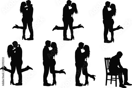 Passionate couple silhouette kissing embracing dating love relationship romance anniversary affection intimate moment together celebration concept vector.