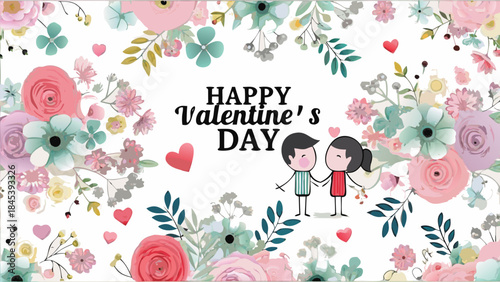 Lovers leaning into each other with happy valentine's day message surrounded by flowers